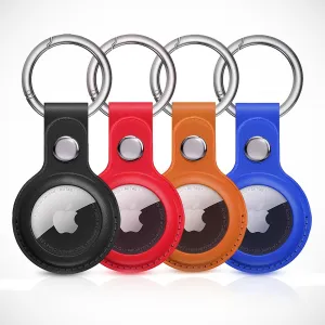 4 Pack AirTag Keychain- Premium Leather Airtag Case - Design for AirTags, Pets, Car, Keys, Comes with Metal Snap Keyring for Luggage - Luxury & Stylish AirTag Cases (Black, Blue, Red, Brown)