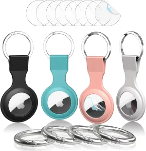 [4 Pack] Soft Silicone Case Compatible with Apple AirTag 2021, with 8Pcs Screen Protector, Anti-Scratch Lightweight Skin Cover with Key Ring for AirTags Holder Keychain Accessories