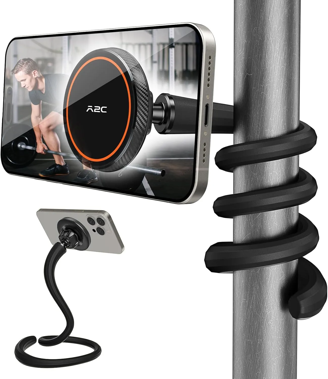 A2C Flexible Gooseneck Phone Holder for iPhone Magsafe, Long Arm Gym Magnetic Phone Holder for Treadmill Peloton, Portable Fitness Home Gym Accessory, Phone Mount for Stroller/Shopping/Golf Cart/Desk