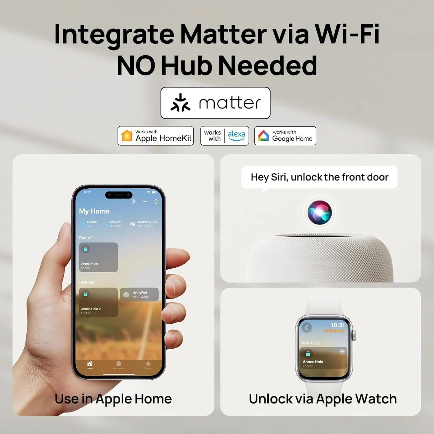 Anona Holo Wi-Fi Smart Lock, Keyless Entry Door Lock with App Remote Control, Auto-Lock & Anomaly Detection, Non-Destructive Installation, Supports Alexa, Apple Home, Matter