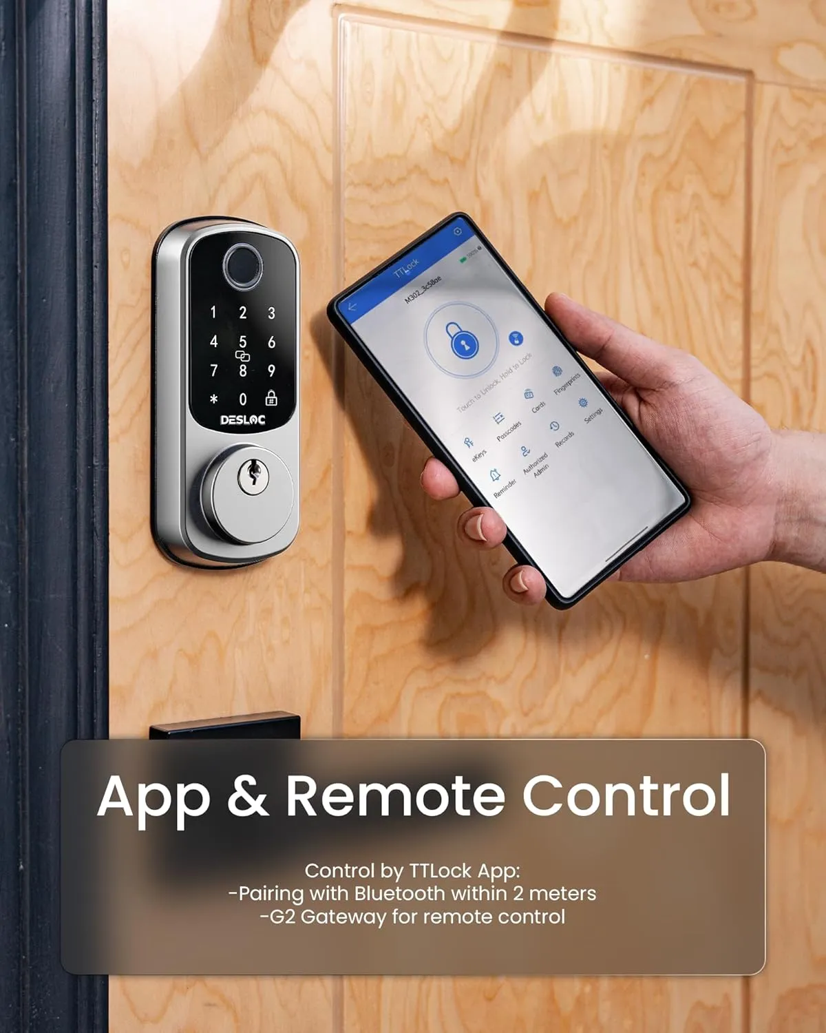 DESLOC B200 Fingerprint Smart Door Lock, Keyless Entry Door Lock, App Control, Smart Locks for Front Door, Smart Deadbolt Lock, Touchscreen Keypad, Emergency Power Port, 12 Months Battery, Sliver