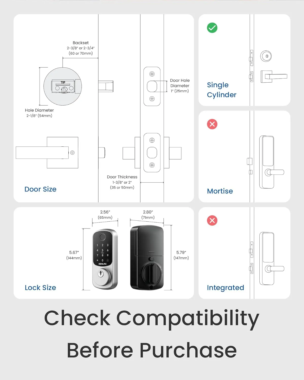 DESLOC B200 Fingerprint Smart Door Lock, Keyless Entry Door Lock, App Control, Smart Locks for Front Door, Smart Deadbolt Lock, Touchscreen Keypad, Emergency Power Port, 12 Months Battery, Sliver