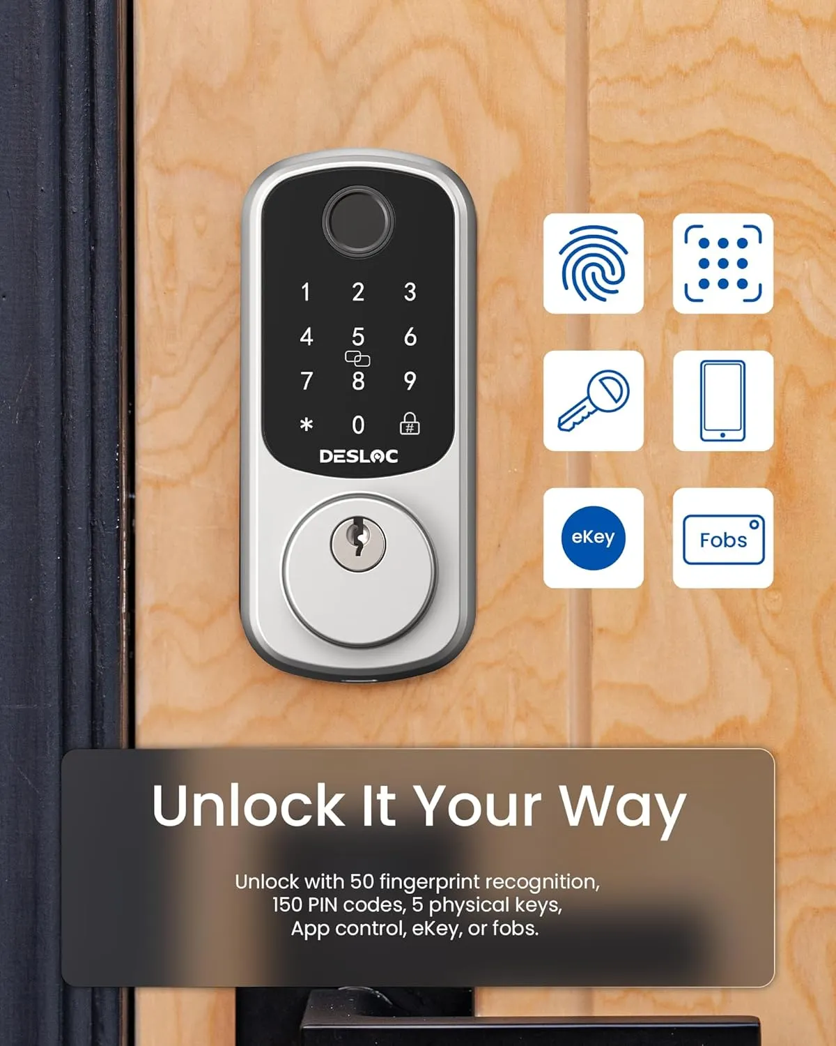 DESLOC B200 Fingerprint Smart Door Lock, Keyless Entry Door Lock, App Control, Smart Locks for Front Door, Smart Deadbolt Lock, Touchscreen Keypad, Emergency Power Port, 12 Months Battery, Sliver