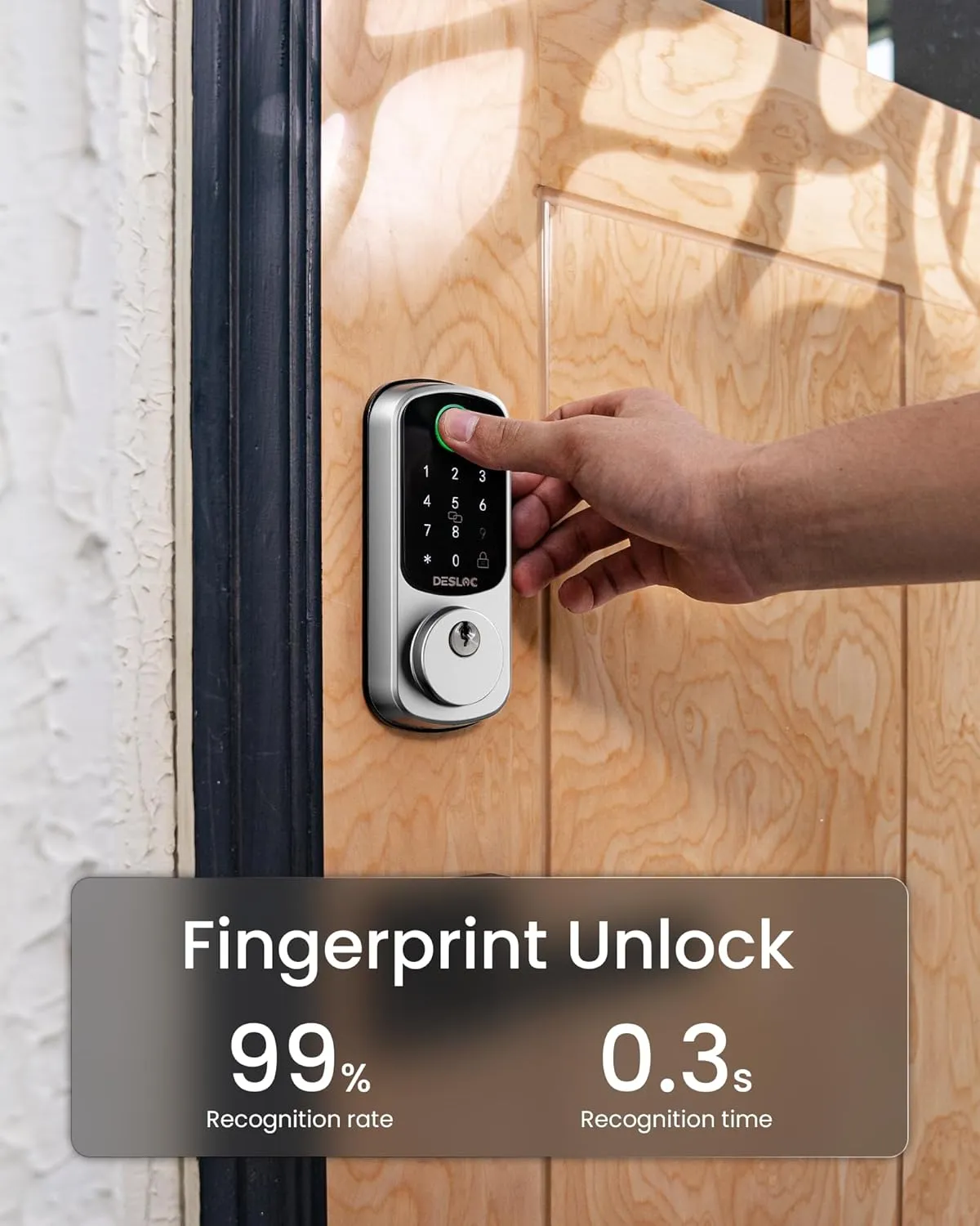 DESLOC B200 Fingerprint Smart Door Lock, Keyless Entry Door Lock, App Control, Smart Locks for Front Door, Smart Deadbolt Lock, Touchscreen Keypad, Emergency Power Port, 12 Months Battery, Sliver