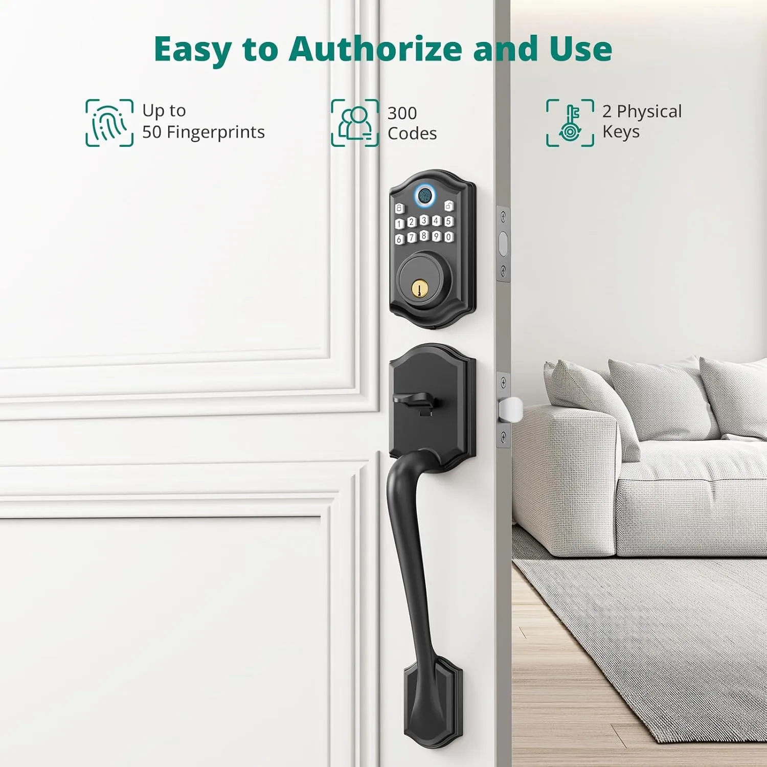 DS10 Keyless Entry Door Locks - Keypad Lock with Handle Set, Fingerprint Deadbolt, Smart Locks for Front Doors, Auto-Lock & One Touch Locking, 2 Keys, Easy Installation