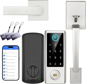 Fingerprint Door Lock with Handle Sets, BEBASIA Keyless Entry Door Lock, Bluetooth Front Door Lock Set, Smart Deadbolt, Electronic Keypad Digital Deadbolt with Handle, Satin Nickel