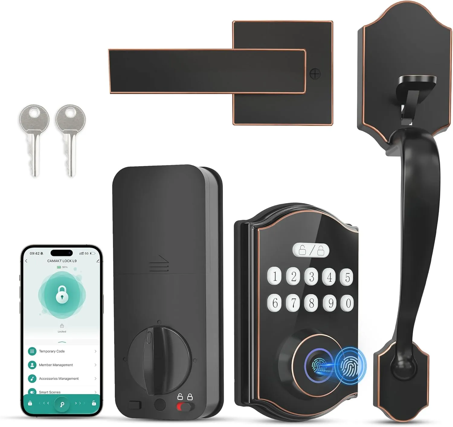 Fingerprint Smart Front Door Lock Set, APP Control Keyless Entry Door Lock with Handle, Anti-Peeping Digital Electronic Keypad, Auto Lock, Easy Install, Oil Rubbed Bronze