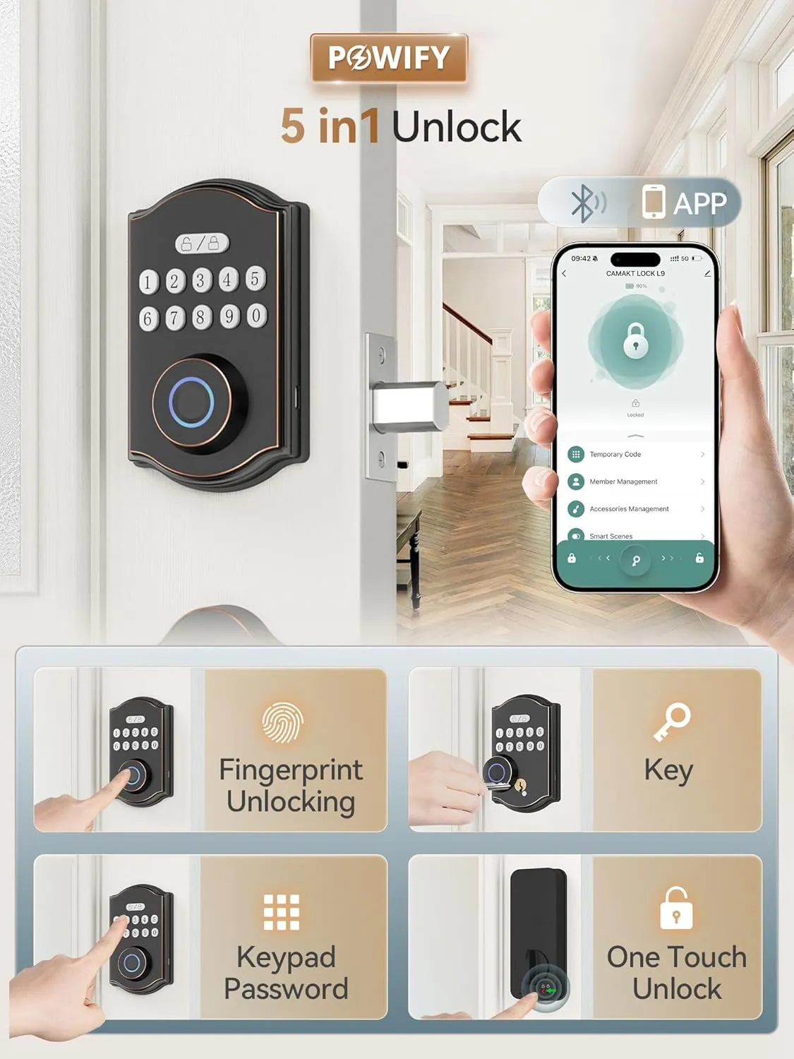Fingerprint Smart Front Door Lock Set, APP Control Keyless Entry Door Lock with Handle, Anti-Peeping Digital Electronic Keypad, Auto Lock, Easy Install, Oil Rubbed Bronze