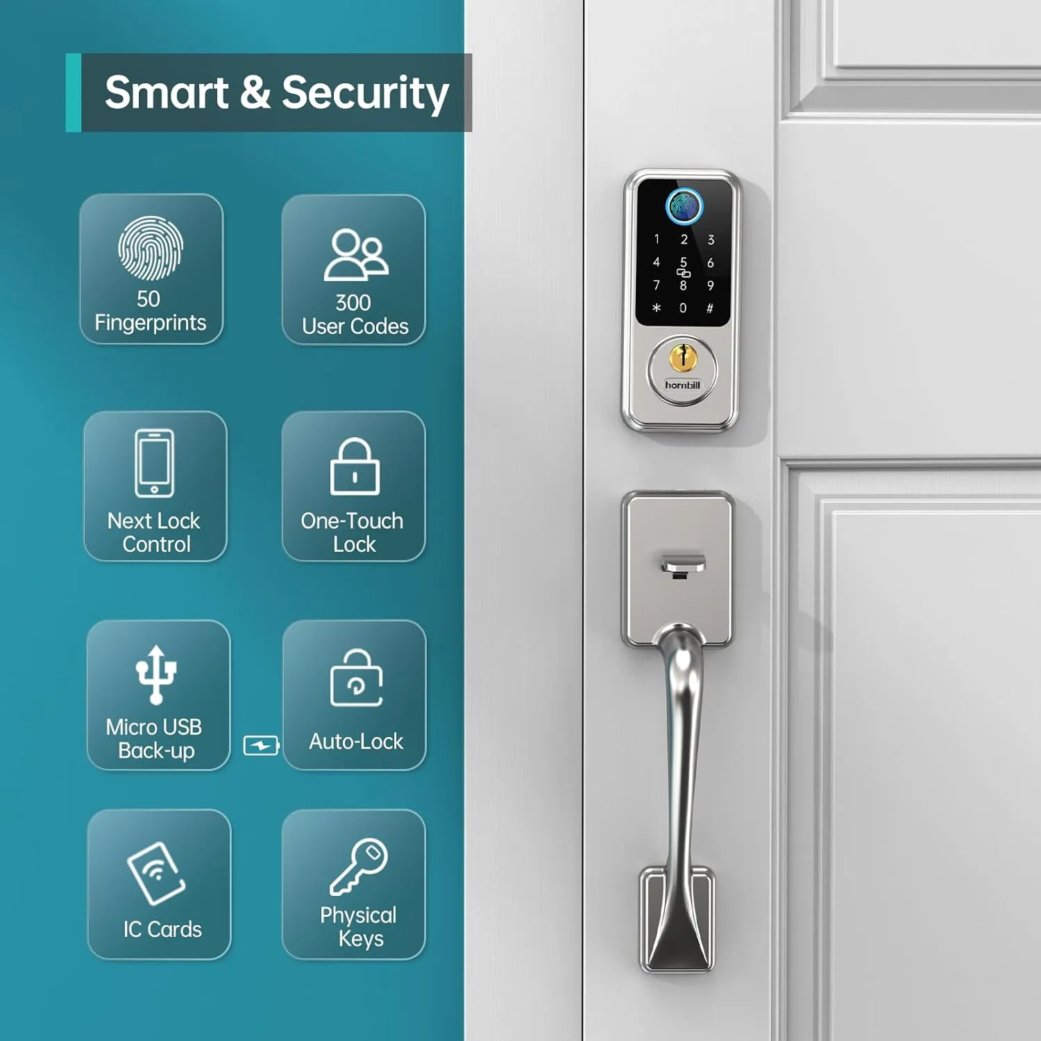 Hornbill Biometric Fingerprint Smart Lock with Front Door Handle Set, Keyless Entry Smart Door Lock with Keypad, 8-in-1 Smart Deadbolt, Digital Smart Door Lock, Bluetooth Door Lock with Auto Lock