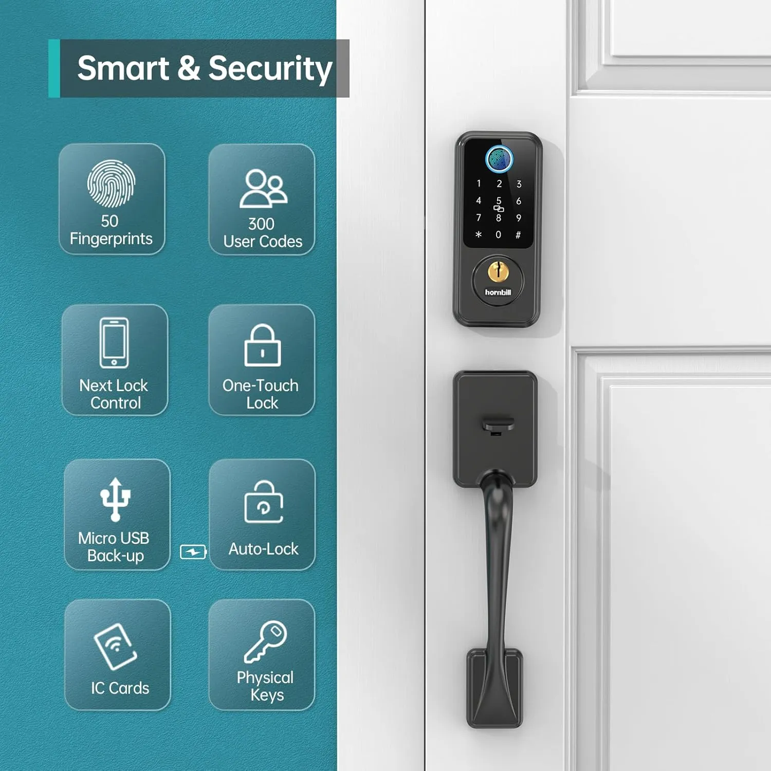 Hornbill Smart Lock Front Door - Keyless Entry Door Lock with Handle Set, Smart Deadbolt for Front Door, Bluetooth Fingerprint Biometric Auto Lock for New House, Airbnb, Office, Appartment