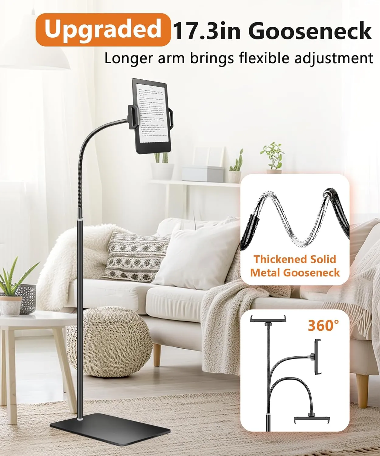 iPad Stand, Height Adjustable Tablet Floor Stand with Flexible Gooseneck, Overhead Tablet Holder for Bed, Compatible with iPad mini Air Pro 12.9/9.7, Cell Phones, Kindle, Switch, E-Readers