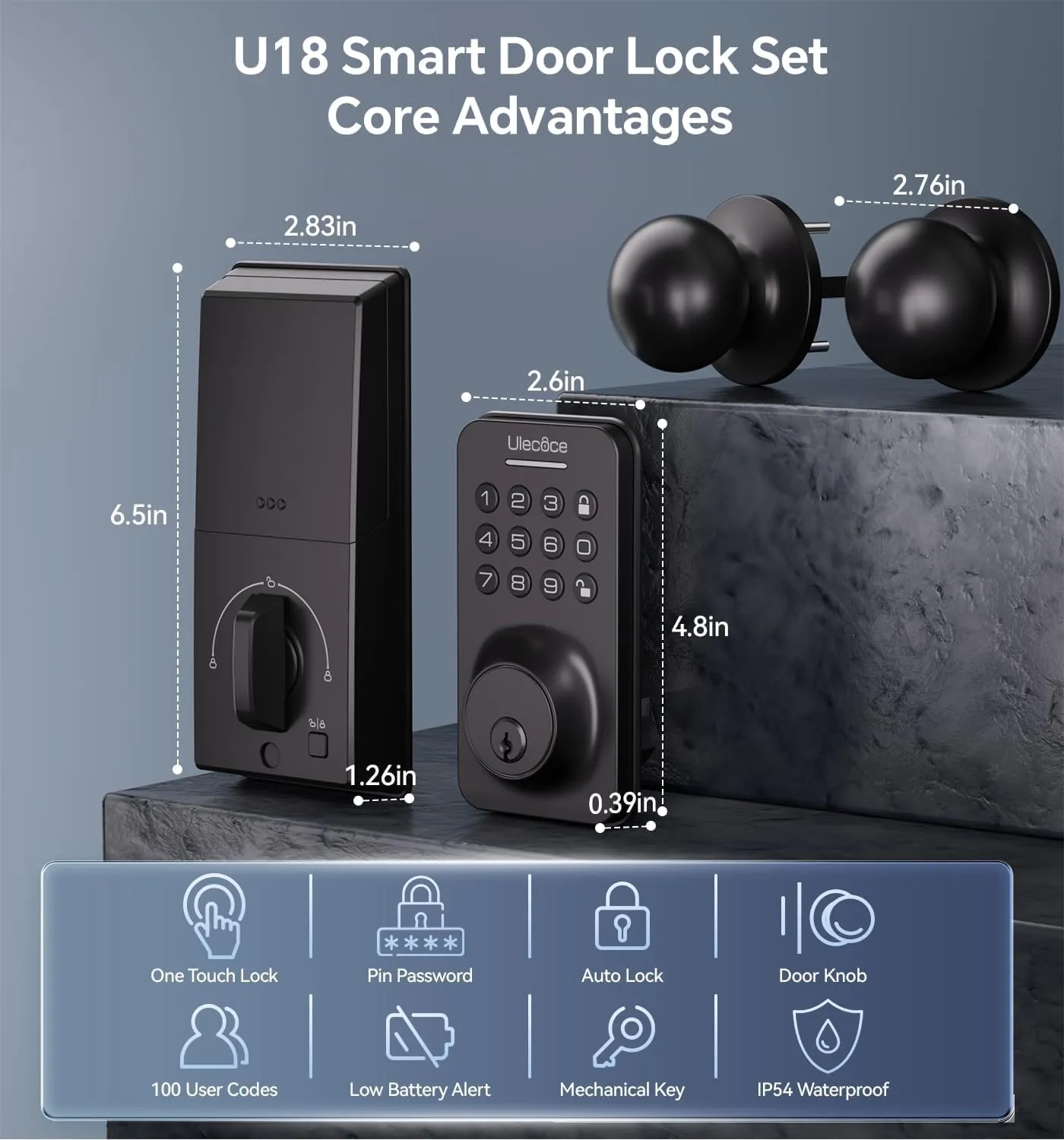 Keyless Entry Door Lock Deadbolt with Handle Set, Door Locks for Front Door, Keypad Door Lock with Handle, Smart Door Knob, Auto Locking, Installation Guide, Black