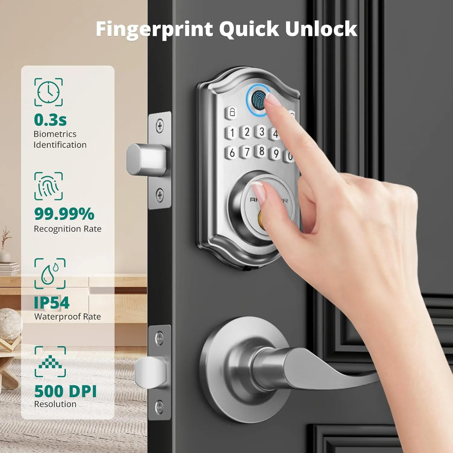 Keyless Entry Door Lock with Handle - 2 Lever Handles, Fingerprint Door Locks, Electronic Keypad Deadbolt, 2 Keys, Smart Doors Lock, Auto-Lock & One Touch Locking, Easy Installation