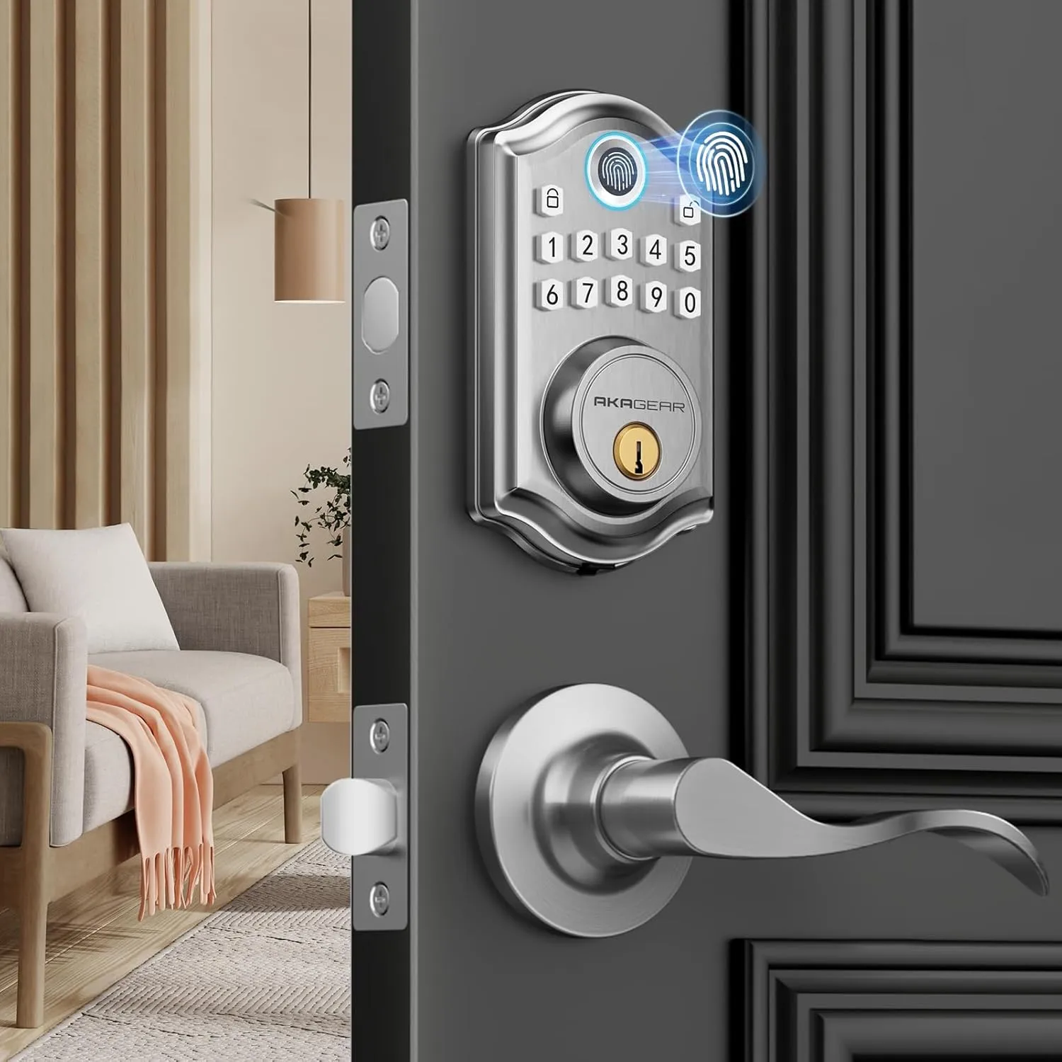 Keyless Entry Door Lock with Handle - 2 Lever Handles, Fingerprint Door Locks, Electronic Keypad Deadbolt, 2 Keys, Smart Doors Lock, Auto-Lock & One Touch Locking, Easy Installation