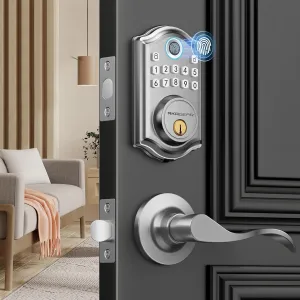 Keyless Entry Door Lock with Handle - 2 Lever Handles, Fingerprint Door Locks, Electronic Keypad Deadbolt, 2 Keys, Smart Doors Lock, Auto-Lock & One Touch Locking, Easy Installation