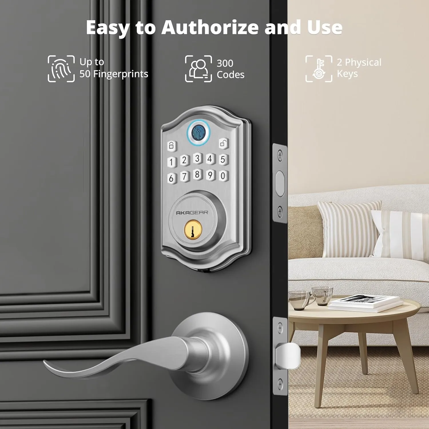 Keyless Entry Door Lock with Handle - 2 Lever Handles, Fingerprint Door Locks, Electronic Keypad Deadbolt, 2 Keys, Smart Doors Lock, Auto-Lock & One Touch Locking, Easy Installation