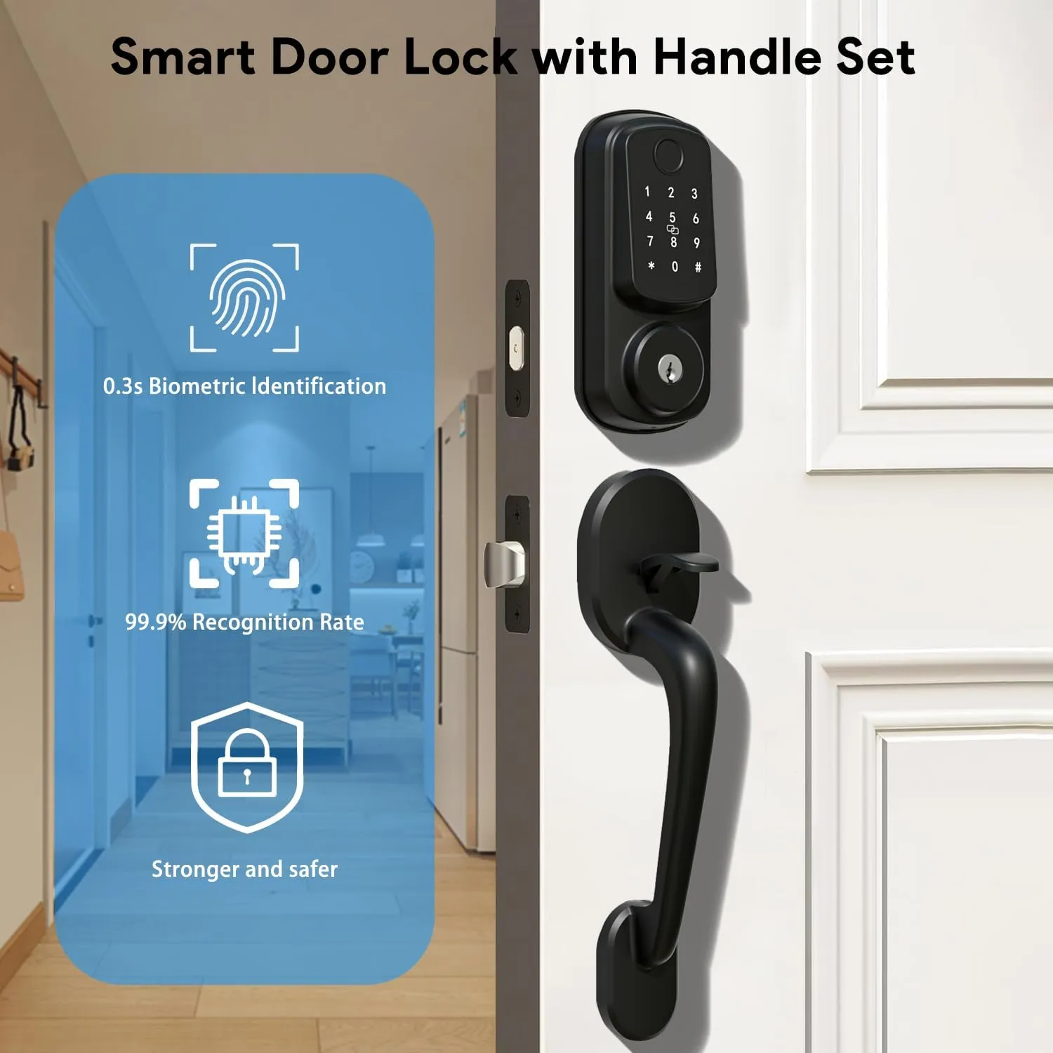 Keyless Entry Door Lock with Handle Set, Keyless Entry Deadbolt with Handle Set, Smart Locks for Front Door Alexa Fingerprint Auto Lock,Black