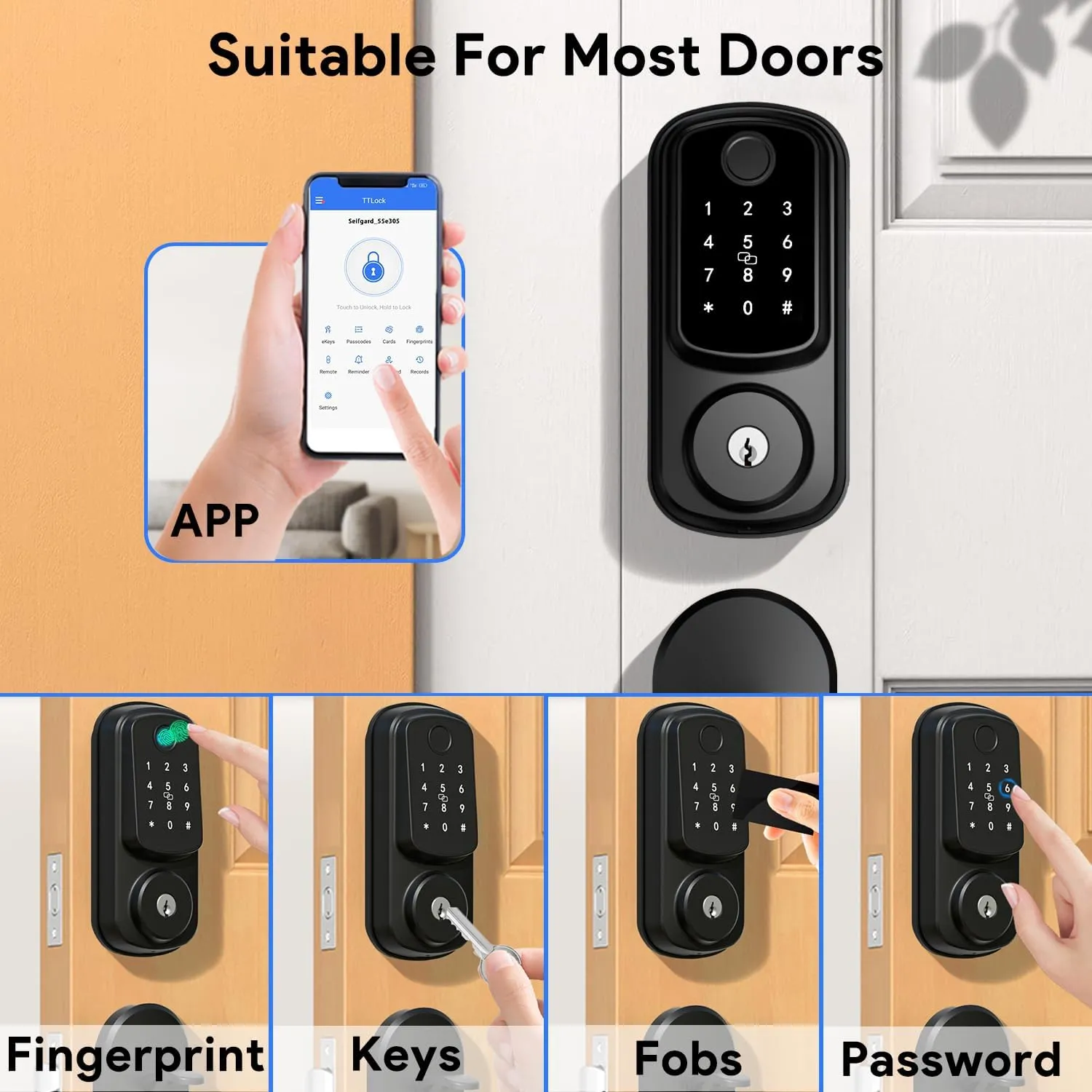 Keyless Entry Door Lock with Handle Set, Keyless Entry Deadbolt with Handle Set, Smart Locks for Front Door Alexa Fingerprint Auto Lock,Black