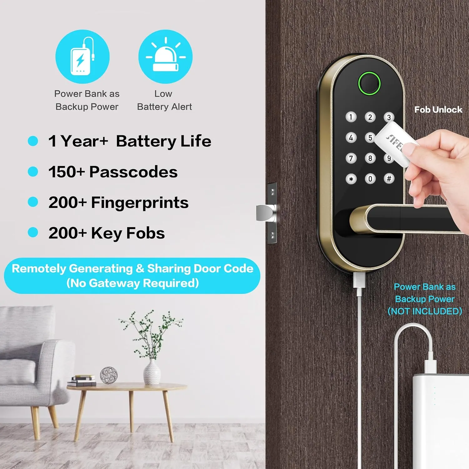 Keyless-Entry Fingerprint Smart Door Lock: Sifely Digital Electronic Lock with Code Passcode, Electric Door Knob, Biometric Door Handle, Perfect for Exterior/Interior/Entry/Bedroom Doors (Gold)