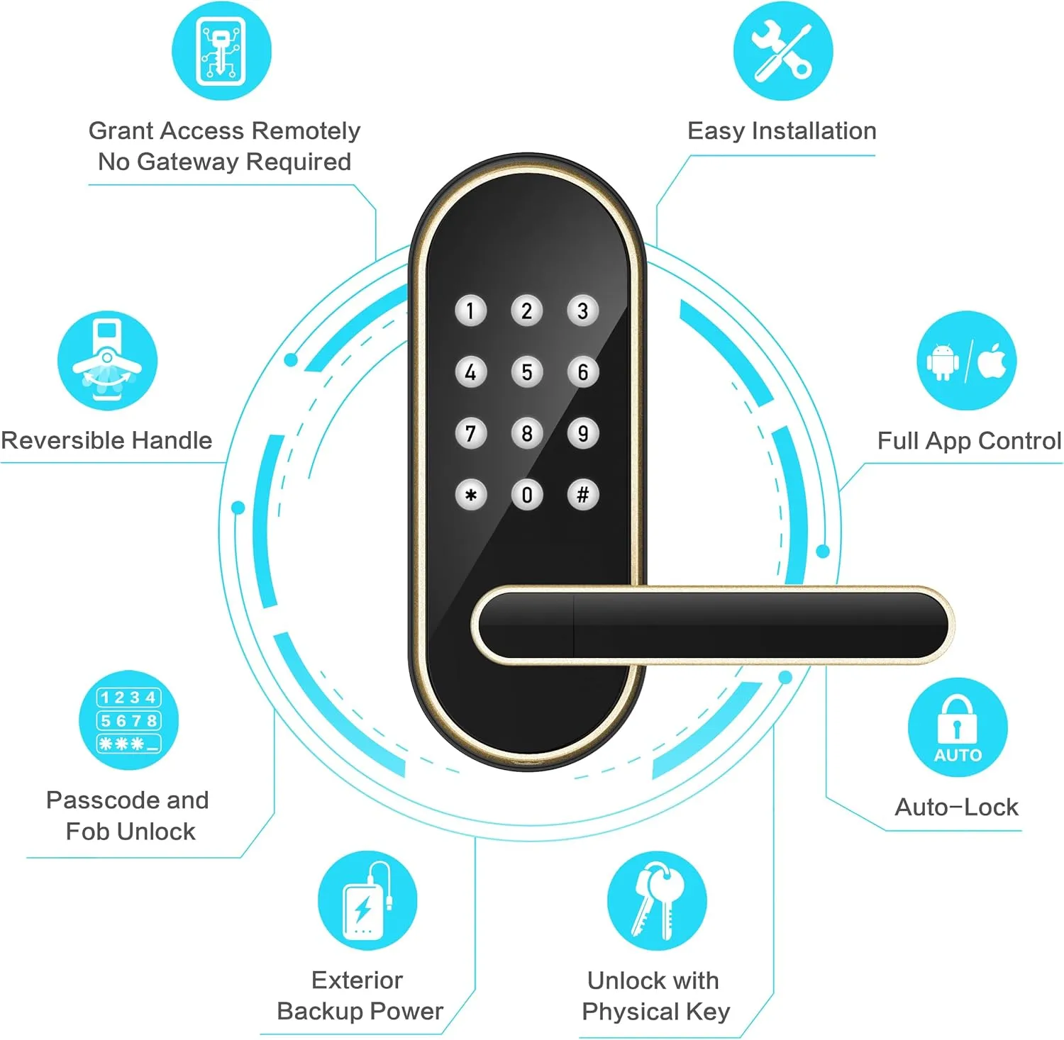 Keyless-Entry Keypad Electronic Door Lock: Digital Smart Lock with Code Passcode, Electric Door Knob/Handle, Perfect for Entry Doors, Bedroom Doors (Gold, App Control, Non-Fingerprint)