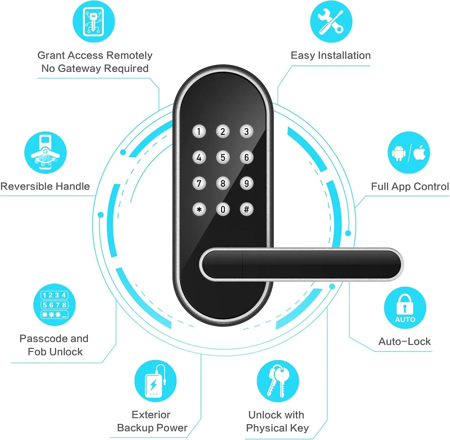 Keyless-Entry Keypad Electronic Door Lock: Digital Smart Lock with Code Passcode, Electric Door Knob/Handle, Perfect for Entry Doors, Bedroom Doors (Silver, App Control, Non-Fingerprint)