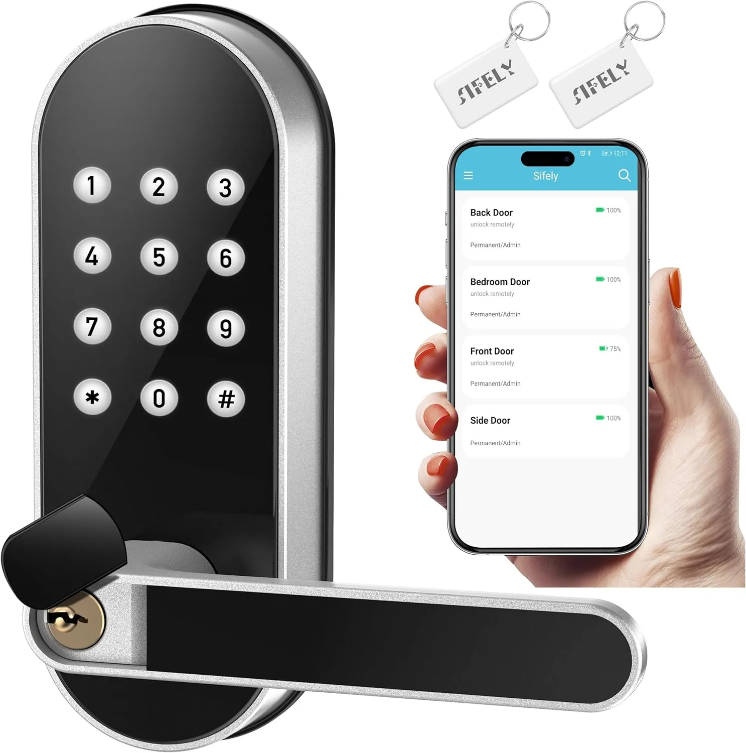 Keyless-Entry Keypad Electronic Door Lock: Digital Smart Lock with Code Passcode, Electric Door Knob/Handle, Perfect for Entry Doors, Bedroom Doors (Silver, App Control, Non-Fingerprint)