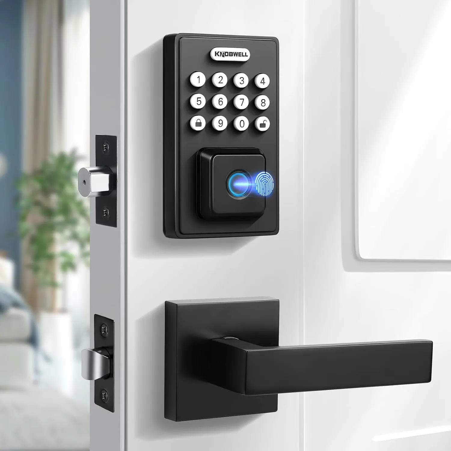 KNOBWELL Smart Fingerprint Door Lock with Lever Handle, Keyless Entry, Biometric Keypad, Electronic Deadbolt LockMatte Black