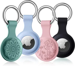 Lerobo Flower Engraved AirTag Holder Compatible with Apple AirTags 4 Pack for Kids Soft Silicone AirTag Case with Keychain Protective Air Tags Dog Collar Cute Air Tag Holder for Bags Keys Trackers