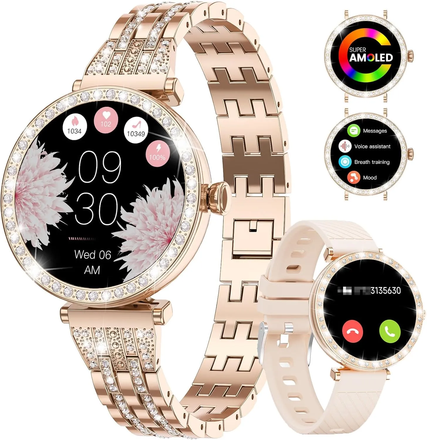 LIGE Smart Watches for Women(Answer/Make Calls),1.19"HD AMOLED Diamonds Luxury Smartwatch for Android iPhone Phones,Fitness Trackers with 110  Sports/Heart Rate/IP68 Waterproof/Sleep Monitor,Rose gold