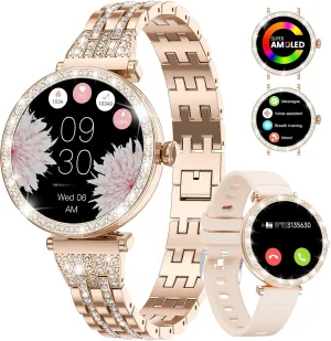 LIGE Smart Watches for Women(Answer/Make Calls),1.19"HD AMOLED Diamonds Luxury Smartwatch for Android iPhone Phones,Fitness Trackers with 110  Sports/Heart Rate/IP68 Waterproof/Sleep Monitor,Rose gold