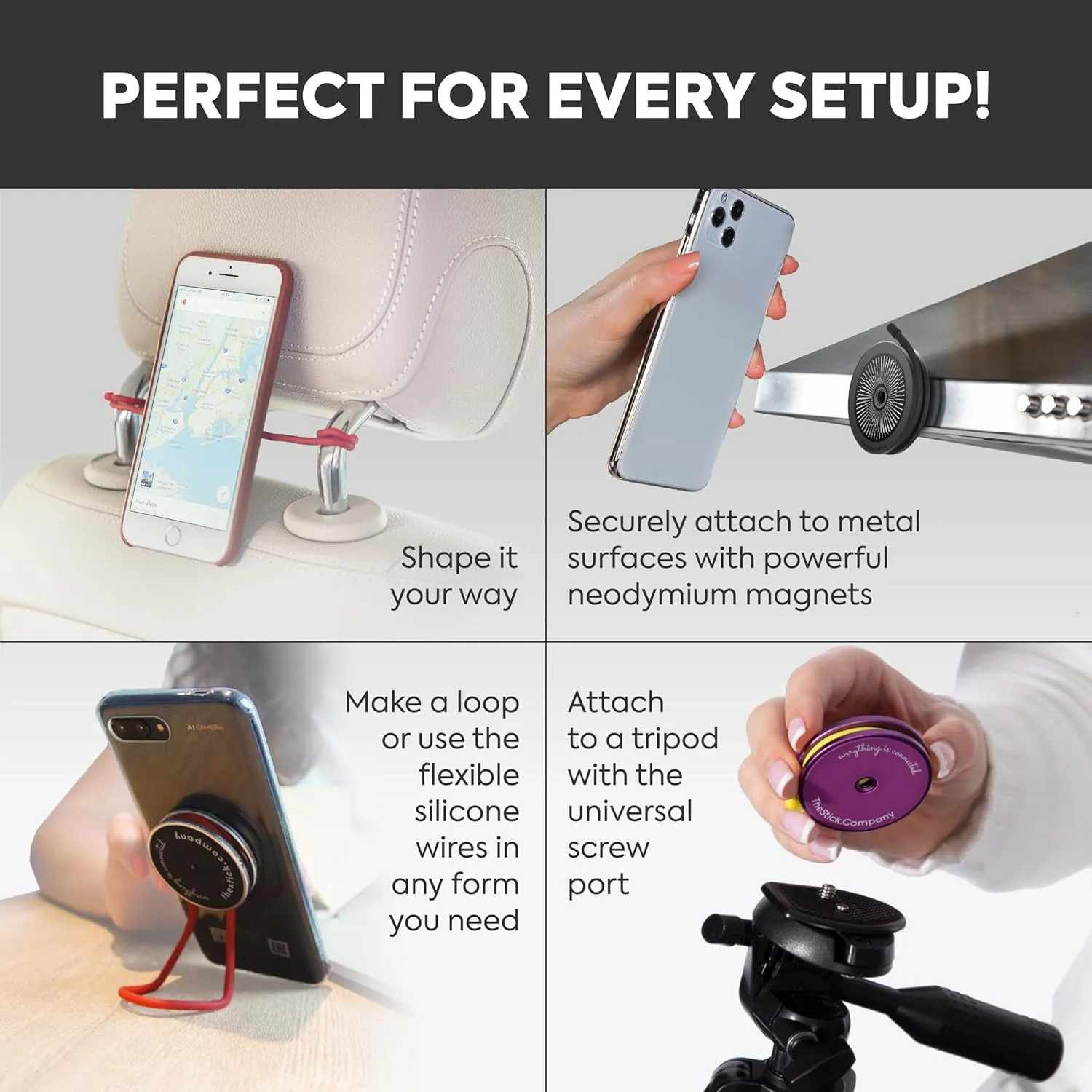 Magnetic Phone Grip & Flexible Phone Holder use as pop Socket Tripod Stand for Stable Phone use in car Bicycle Office for Non-Magnetic Surfaces - NOT Compatible with MagSafe