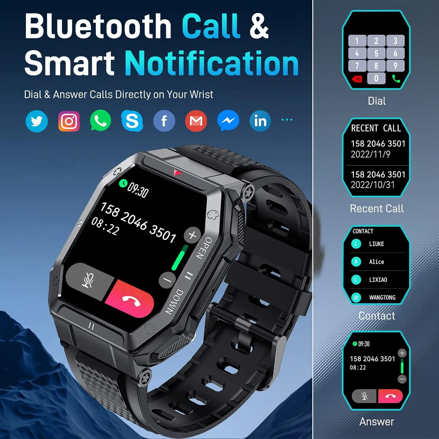 Military Smart Watch for Men (Answer/Make Call), 1.85" HD Outdoor Rugged Tactical Smartwatch, Fitness Tracker Sports Watch with Heart Rate Blood Pressure Sleep Monitor for iPhone Android Phone