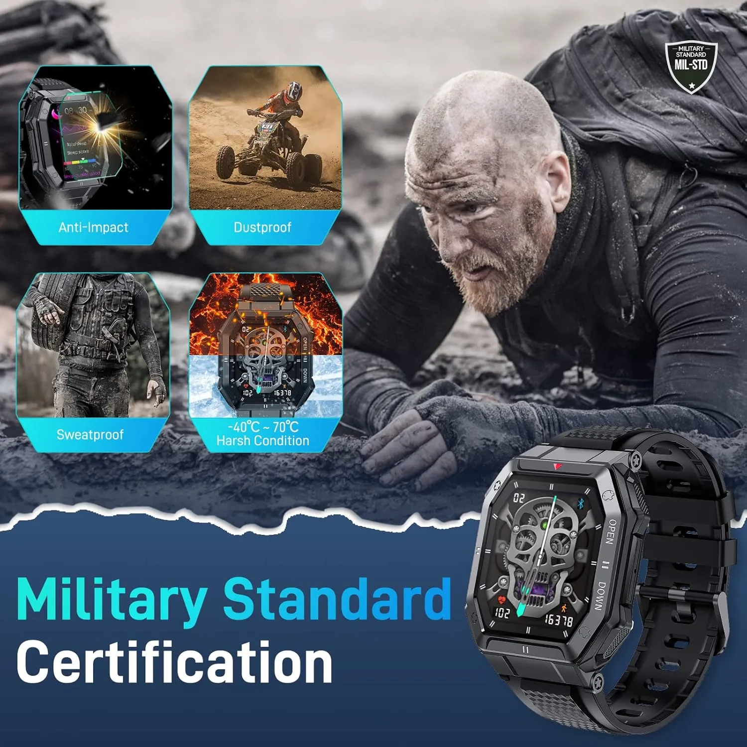 Military Smart Watch for Men (Answer/Make Call), 1.85" HD Outdoor Rugged Tactical Smartwatch, Fitness Tracker Sports Watch with Heart Rate Blood Pressure Sleep Monitor for iPhone Android Phone