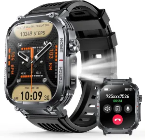 Military Smart Watch Sport Fitness Tracker, with LED Flashlight, 3ATM Waterproof, Answer/Make Calls Message Notification,Heart Rate Blood Oxygen Sleep Monitor, 2.02 Big Screen, for iPhone/Android