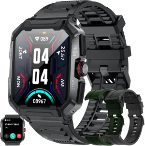 Military Smart Watches for Men, 5ATM Waterproof Rugged Grade Bluetooth Call(Answer/Dial Calls), Health Tracker for Android Phones and iPhone Compatible, 1.85" Heart Rate/Blood Pressure Watch (Black)
