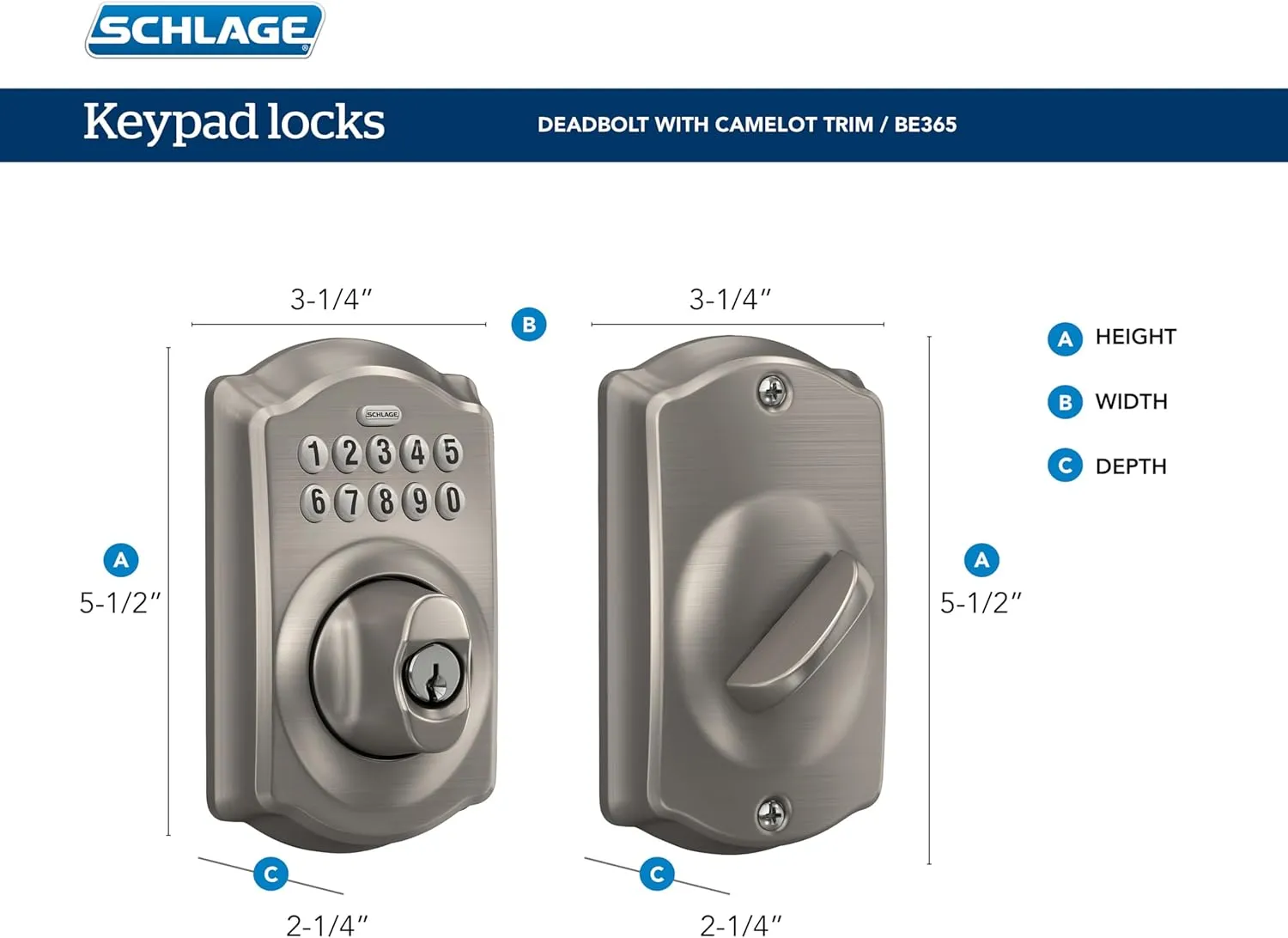 Schlage BE365 CAM 505 Camelot Keypad Deadbolt, Electronic Keyless Entry Lock, Bright Brass