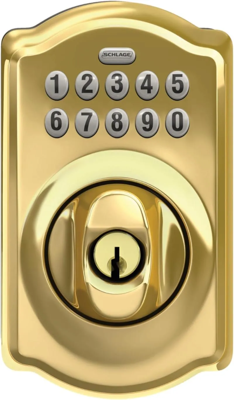 Schlage BE365 CAM 505 Camelot Keypad Deadbolt, Electronic Keyless Entry Lock, Bright Brass