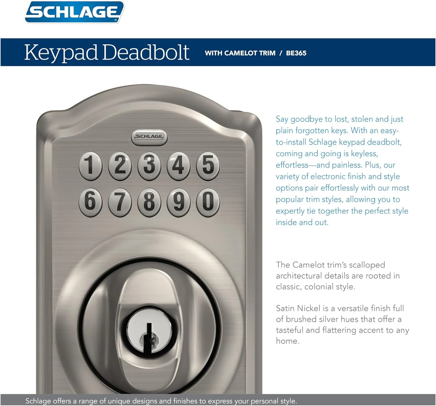 Schlage BE365 CAM 505 Camelot Keypad Deadbolt, Electronic Keyless Entry Lock, Bright Brass