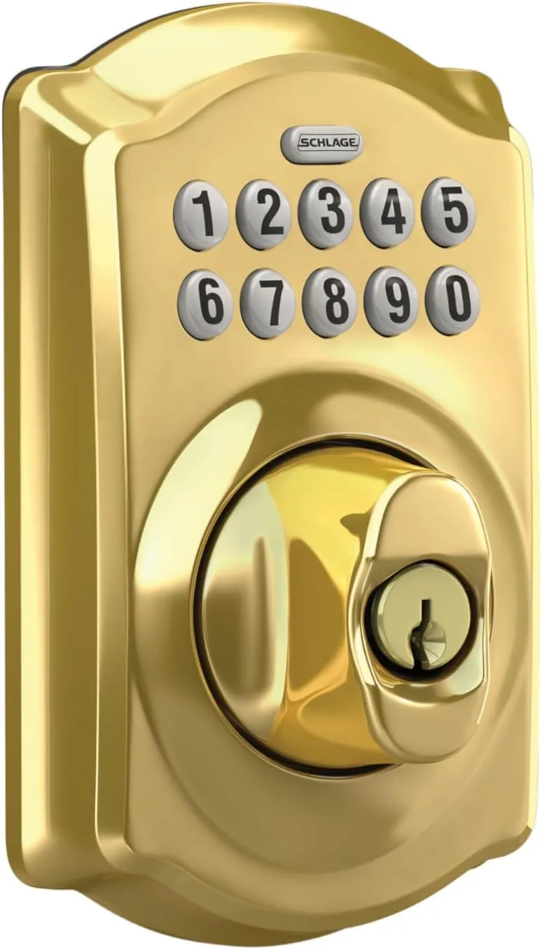 Schlage BE365 CAM 505 Camelot Keypad Deadbolt, Electronic Keyless Entry Lock, Bright Brass