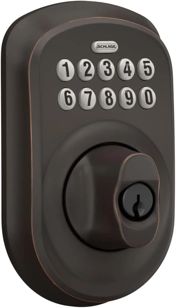 Schlage BE365 PLY 716 Plymouth Keypad Deadbolt, Electronic Keyless Entry Lock, Aged Bronze