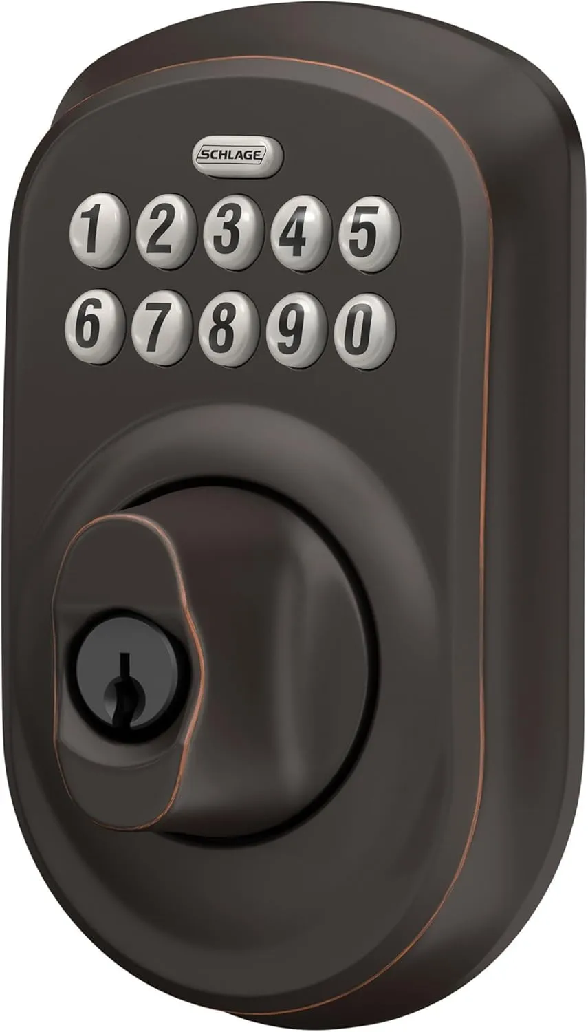 Schlage BE365 PLY 716 Plymouth Keypad Deadbolt, Electronic Keyless Entry Lock, Aged Bronze