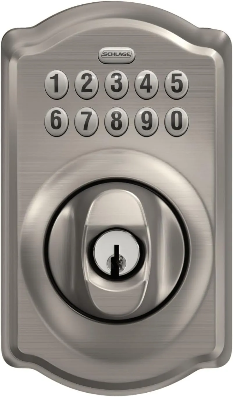 Schlage BE365 V CAM 619 Camelot Keypad Deadbolt, Electronic Keyless Entry Lock, Satin Nickel