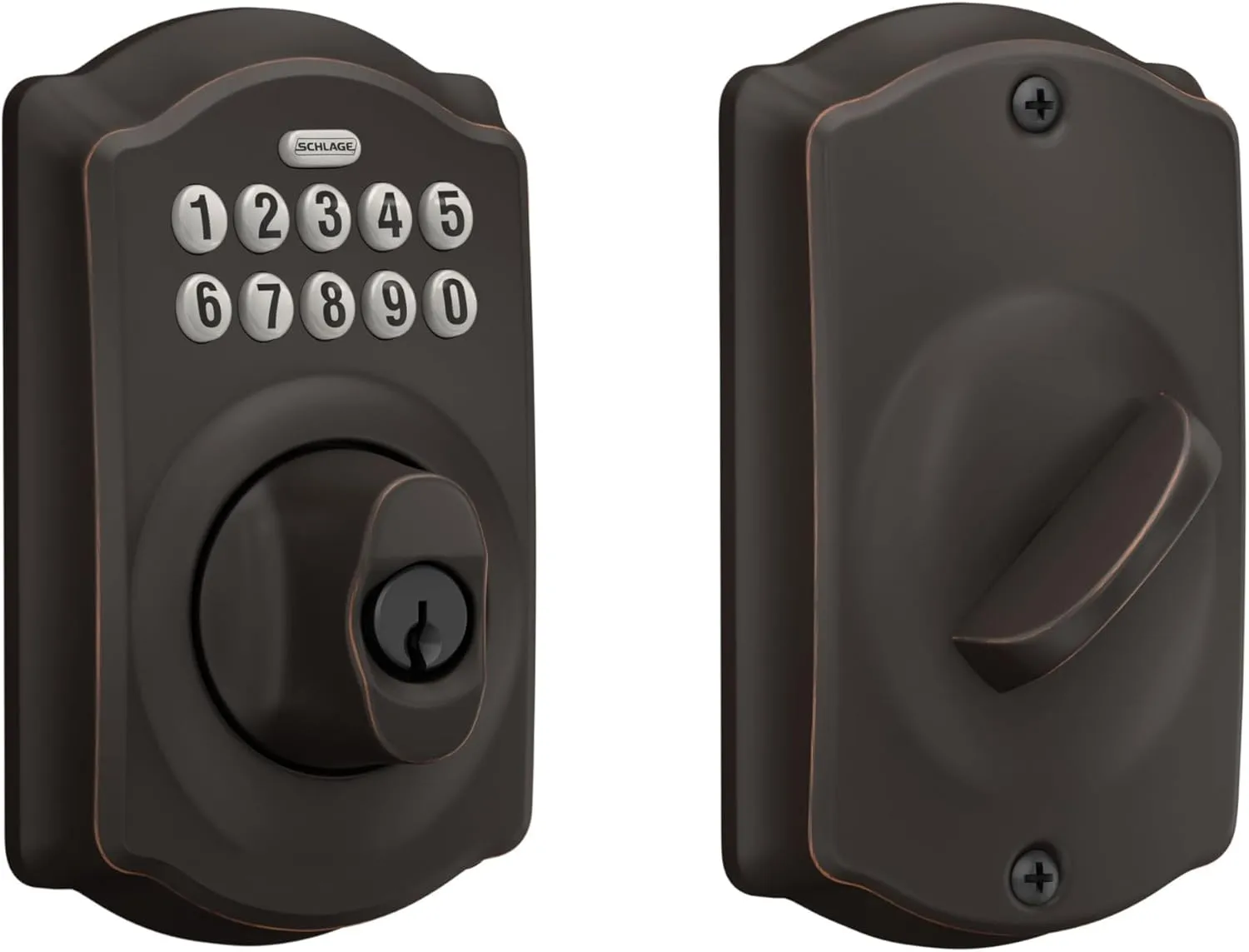 Schlage BE365 V CAM 716 Camelot Keypad Deadbolt, Electronic Keyless Entry Lock, Aged Bronze