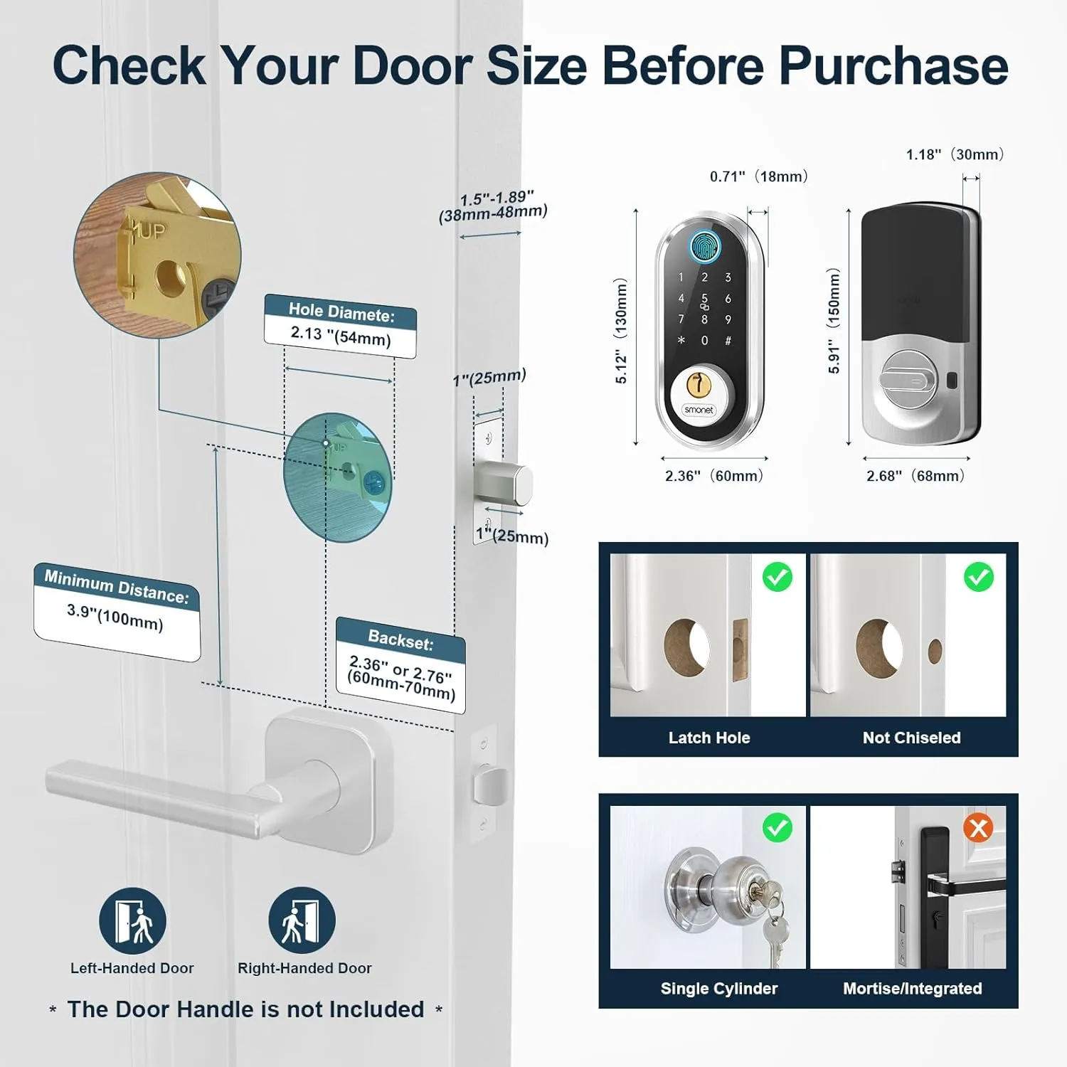 Smart Door Lock Keyless Deadbolt: SMONET Smart Locks for Front Door Fingerprint Keyless Entry Electronic Digital Bluetooth Key Fob Code APP Touch keypads Compatible with Alexa