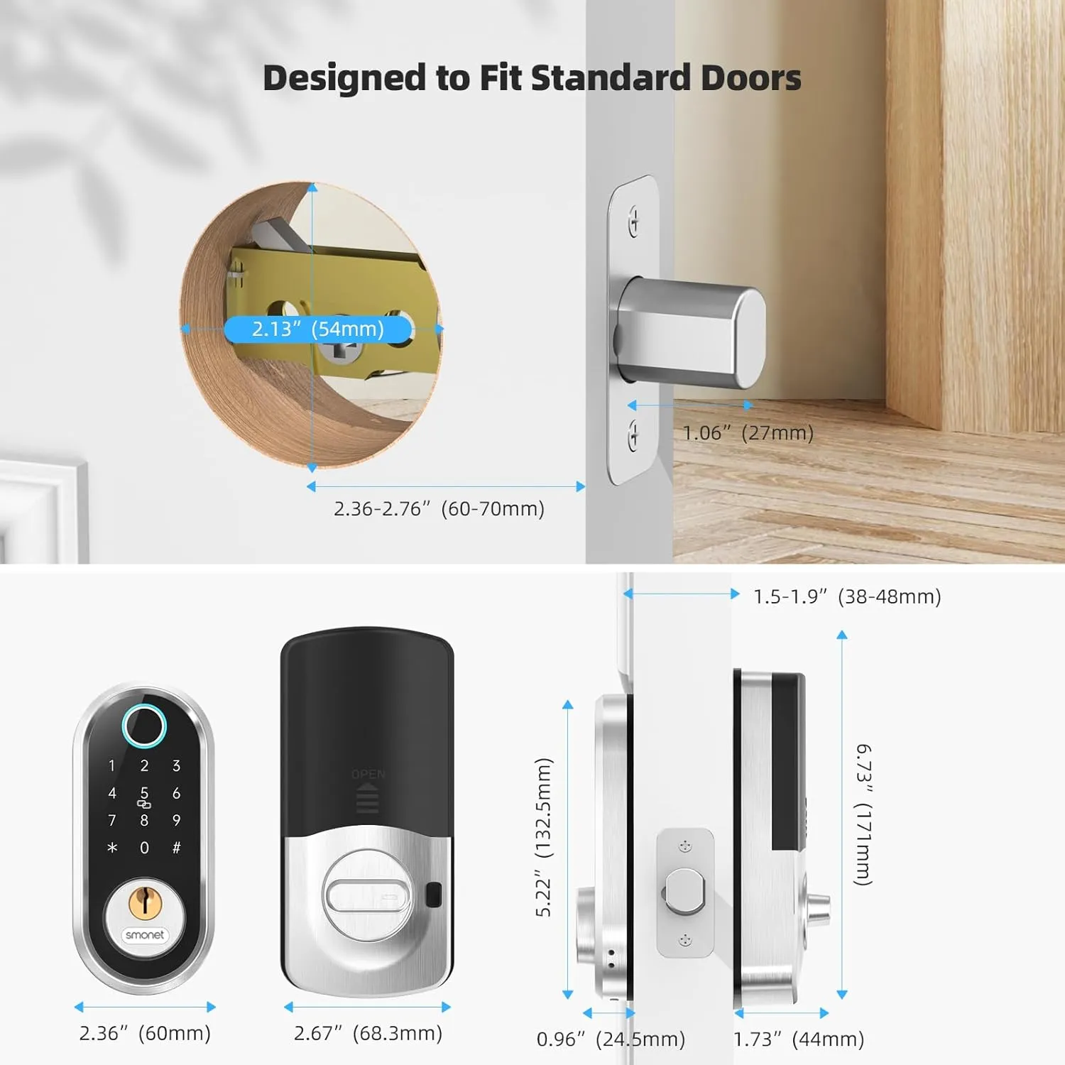 Smart Door Lock Keyless Deadbolt: SMONET Smart Locks for Front Door Fingerprint Keyless Entry Electronic Digital Bluetooth Key Fob Code APP Touch keypads Compatible with Alexa