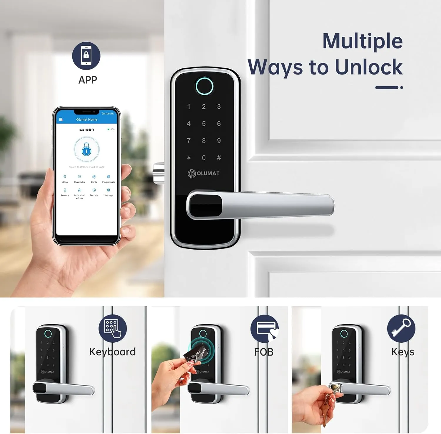 Smart Door Lock with Handle: Olumat Keyless Entry Door Lock with WiFi Gateway - Smart Locks for Front Door with Keypad - Fingerprint Lock