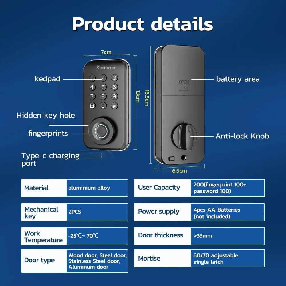 Smart Door Lock with Keypad: Fingerprint Smart Knob - Keyless Entry Digital Lock for Front Door - Deadbolt with APP - Generate Passcode Remotely - Quick DIY Installation