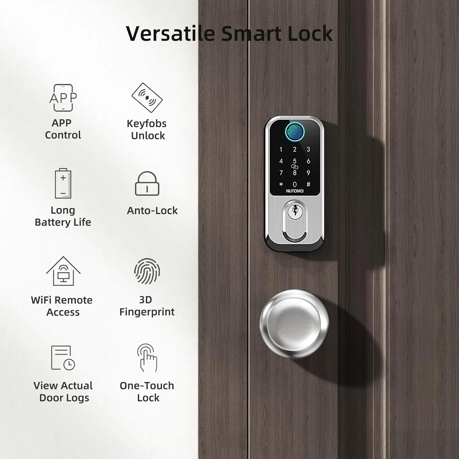 Smart Front Door Lock Set: NUTOMO Keyless Entry Fingerprint Deadbolt with 2 Door Knobs Digital Keypad Door Locks with Handle Set Alexa APP Remote Control Auto Lock Silver