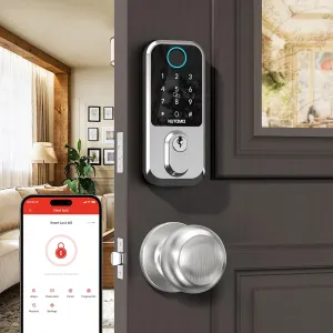 Smart Front Door Lock Set: NUTOMO Keyless Entry Fingerprint Deadbolt with 2 Door Knobs Digital Keypad Door Locks with Handle Set Alexa APP Remote Control Auto Lock Silver