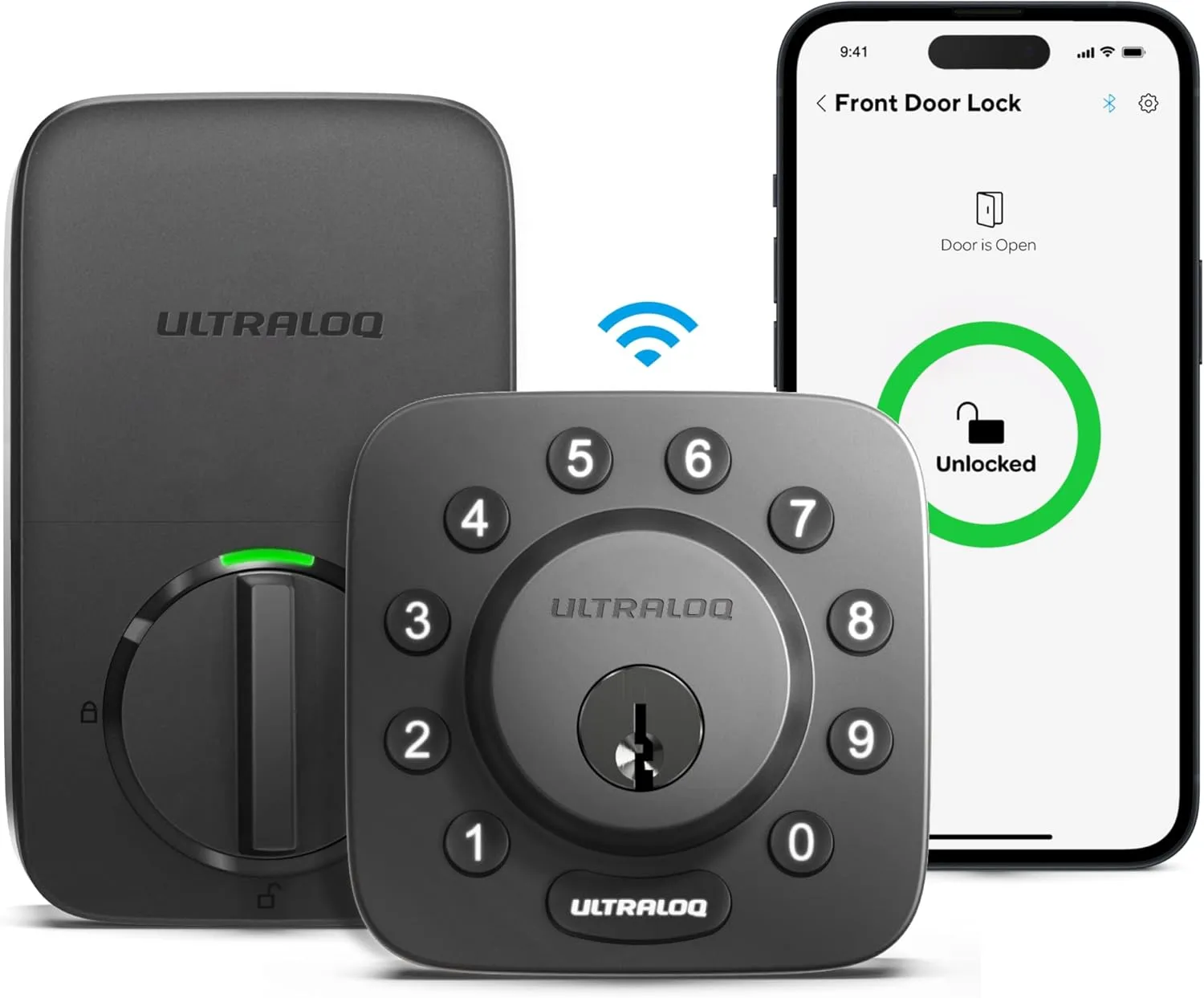 Smart Lock, ULTRALOQ U-Bolt   Bridge WiFi Adaptor, 5-in-1 Keyless Entry Door Lock with WiFi, App, Bluetooth and Keypad, Locks for Front Door, Deadbolt, ANSI Grade 1 Certified - Black